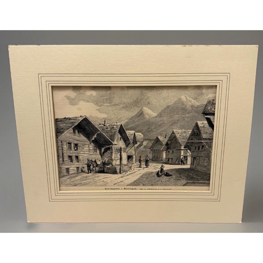 VTG A Reinhardt Swiss Woodcut Art Print Alpine Village Meiringen Antique Rare